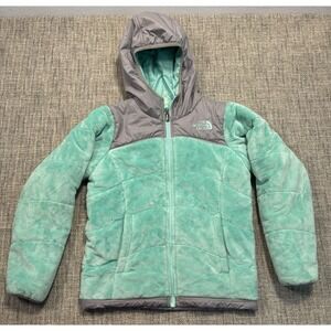 North Face‎ Jacket Girls XL Green Fuzzy Reversible Hooded Colorblock Windbreaker